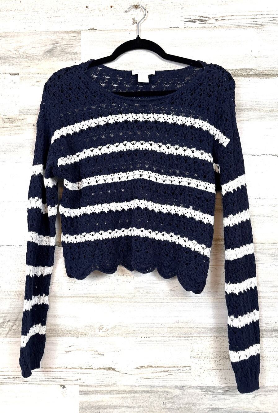 House Of Harlow 1960 Womens S Blue White Crochet Knit Cropped Sweater Cotton